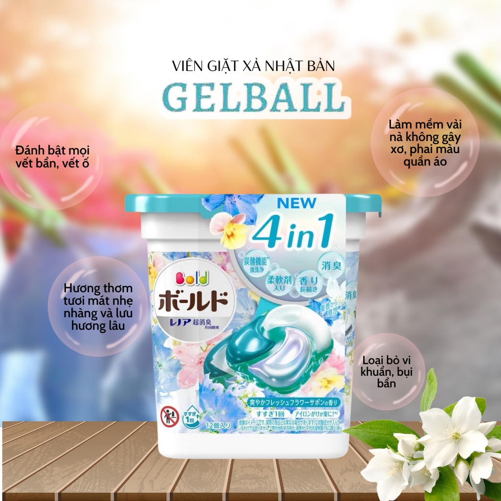 [Mẫu mới] Viên giặt xả Gelball Nhật Bản 4in1 hộp 12 viên