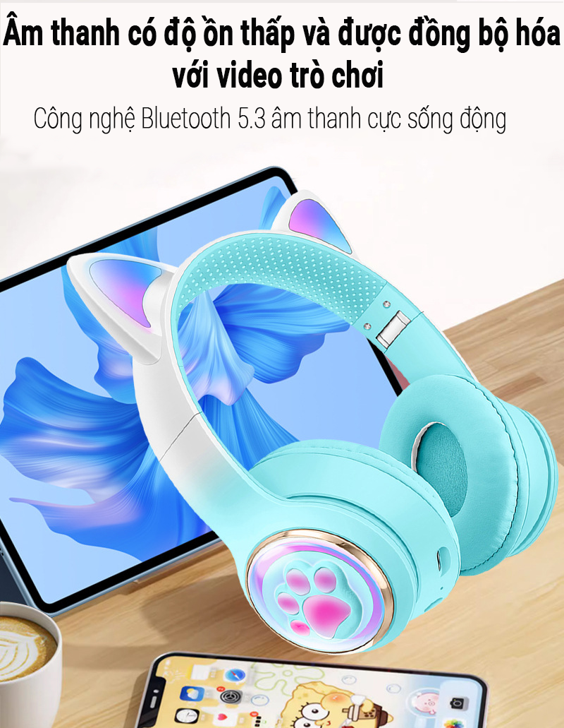 Tai Nghe Bluetooth Tai Mèo Phát Sáng Teement, Tai Nghe Không Dây, Tai Nghe Chụp Tai Bluetooth 5.3, Đèn Led Và Âm Bass Mạnh Mẽ - Hàng Chính Hãng