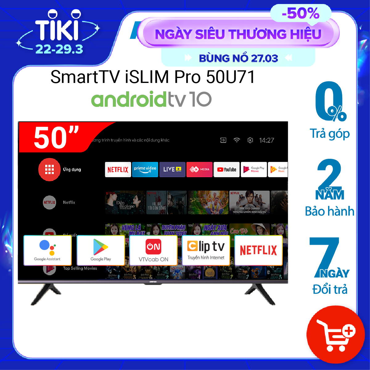 Smart Tivi 4K UtraHD Asanzo iSLIM PRO 50U71 50 inch AndroidTV 10