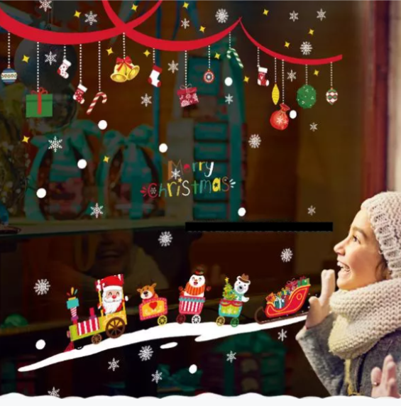 Decal trang trí dán tường - rèm đỏ noel và đoàn tàu nhí đáng yêu