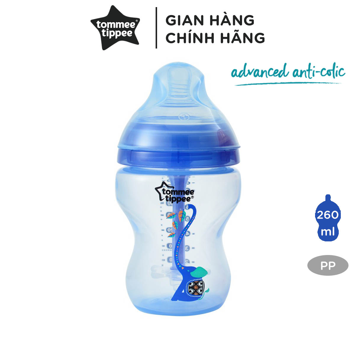 Bình sữa siêu chống đầy hơi kèm báo nhiệt Tommee Tippee Advanced Anti-Colic 260ml, núm ty đi kèm 0-3 tháng (bình đơn) - Xanh dương