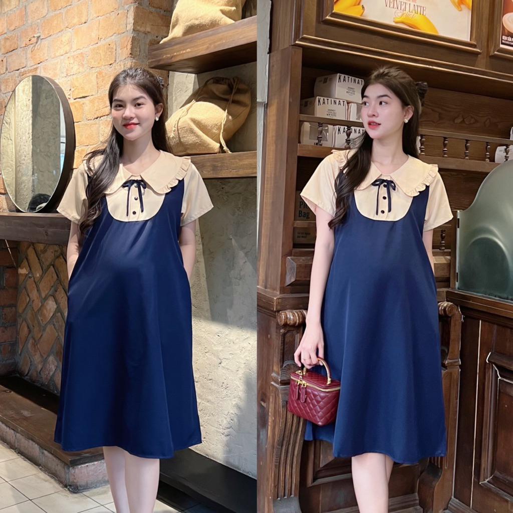 Đầm bầu giả yếm cổ sen bèo form suông công sở cotton lạnh mặc mát mẻ, trẻ trung Váy Bầu Voi - Xanh đậu