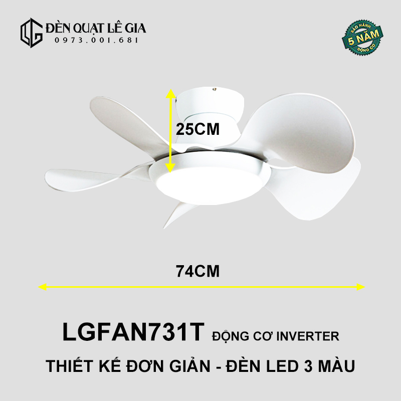 Quạt Trần Mini Gió Mạnh LÊ GIA LGFAN731T - Chiều Cao 25cm - Sải Cánh 74cm - Bảo Hành 5 Năm