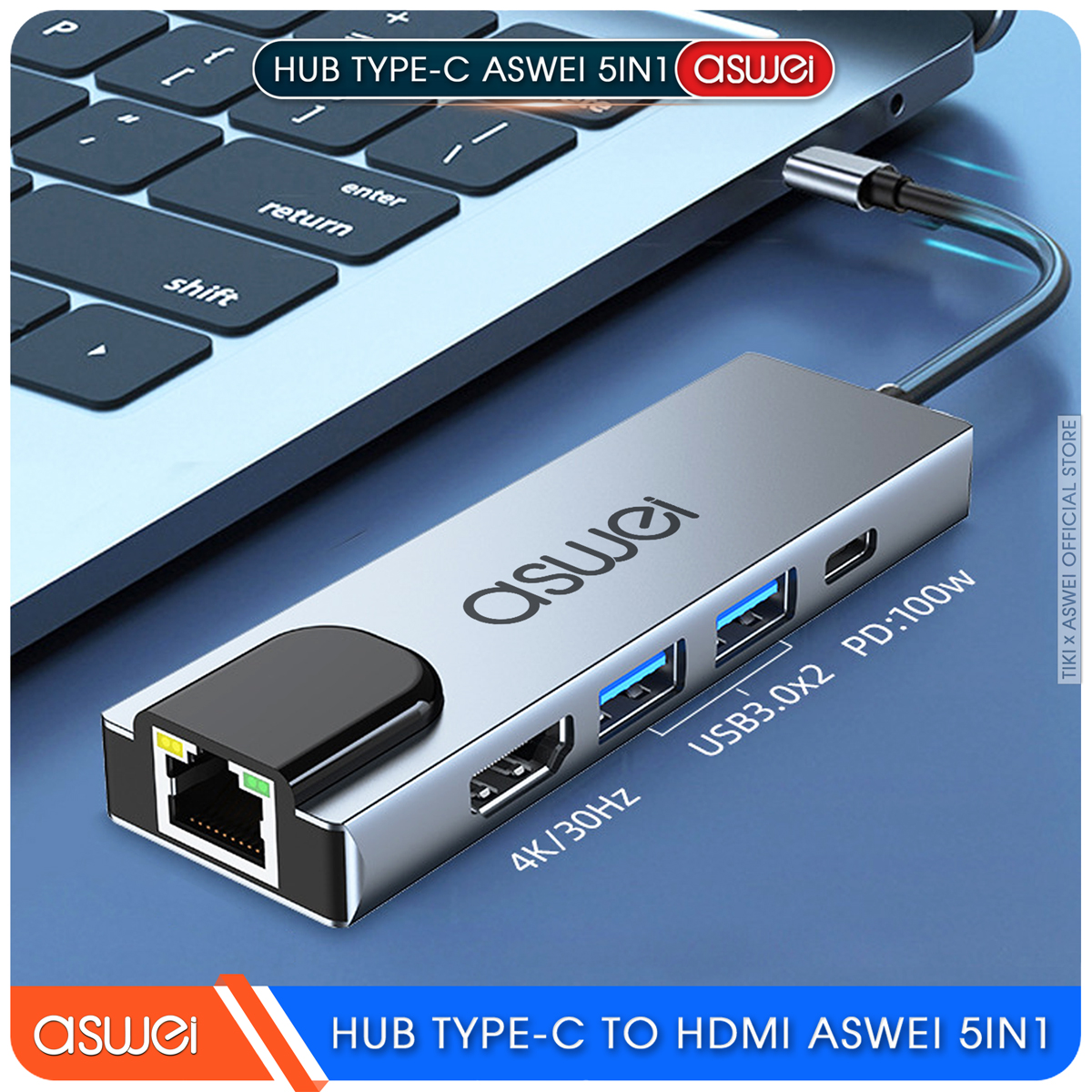 Hub Type C ASWEI 5 in 1 To HDMI, USB 3.0, Lan RJ45, PD 100W - Hàng Chính Hãng