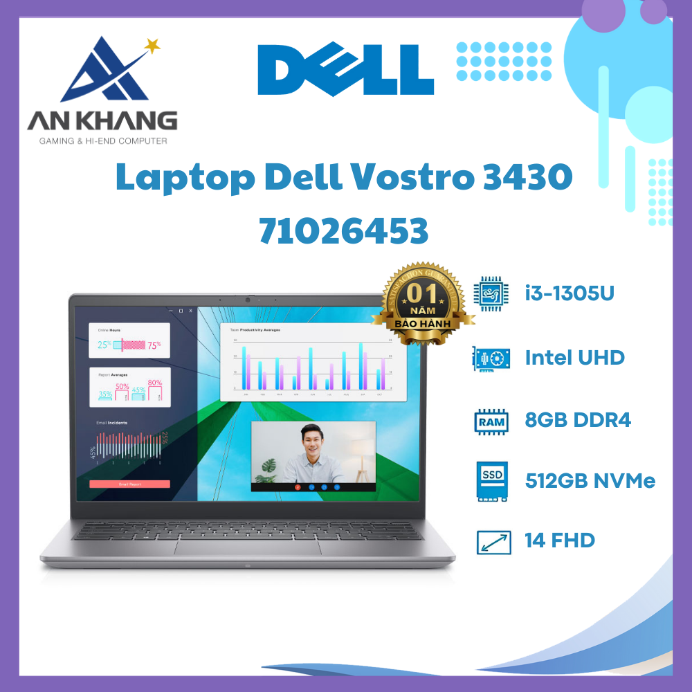 Laptop Dell Vostro 3430 71026453 (Intel Core i3-1305U | 8GB | 512GB | Intel UHD | 14 inch FHD | Win 11 | Office | Xám) - Hàng Chính Hãng - Bảo Hành 12 Tháng Tại Dell Việt Nam