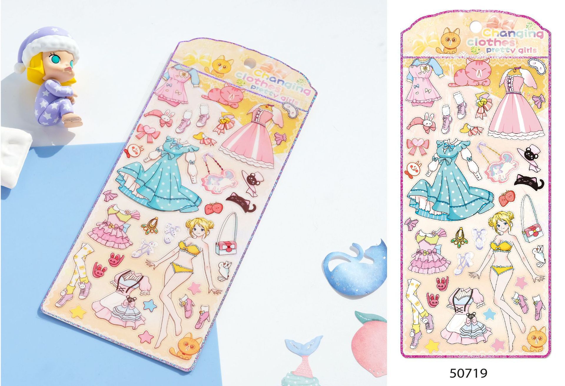 Sticker 3D PVC 9,5x22cm Kim tuyến óng ánh Dress Up Cô gái dễ thương nhiều màu