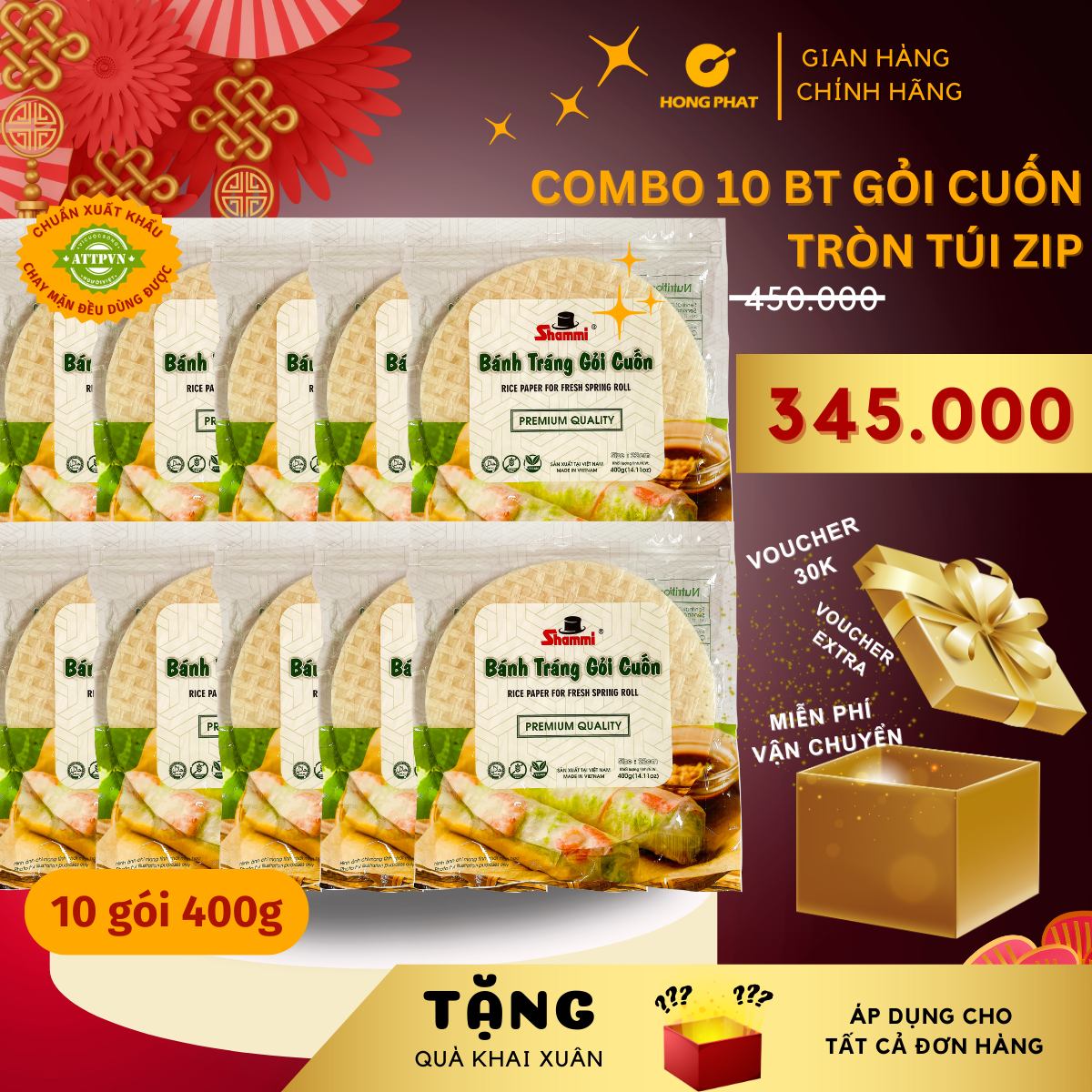 Combo 10  Bánh tráng gỏi cuốn Shammi TRÒN size 22cm túi 400g (Bánh tráng cuốn xuất khẩu)