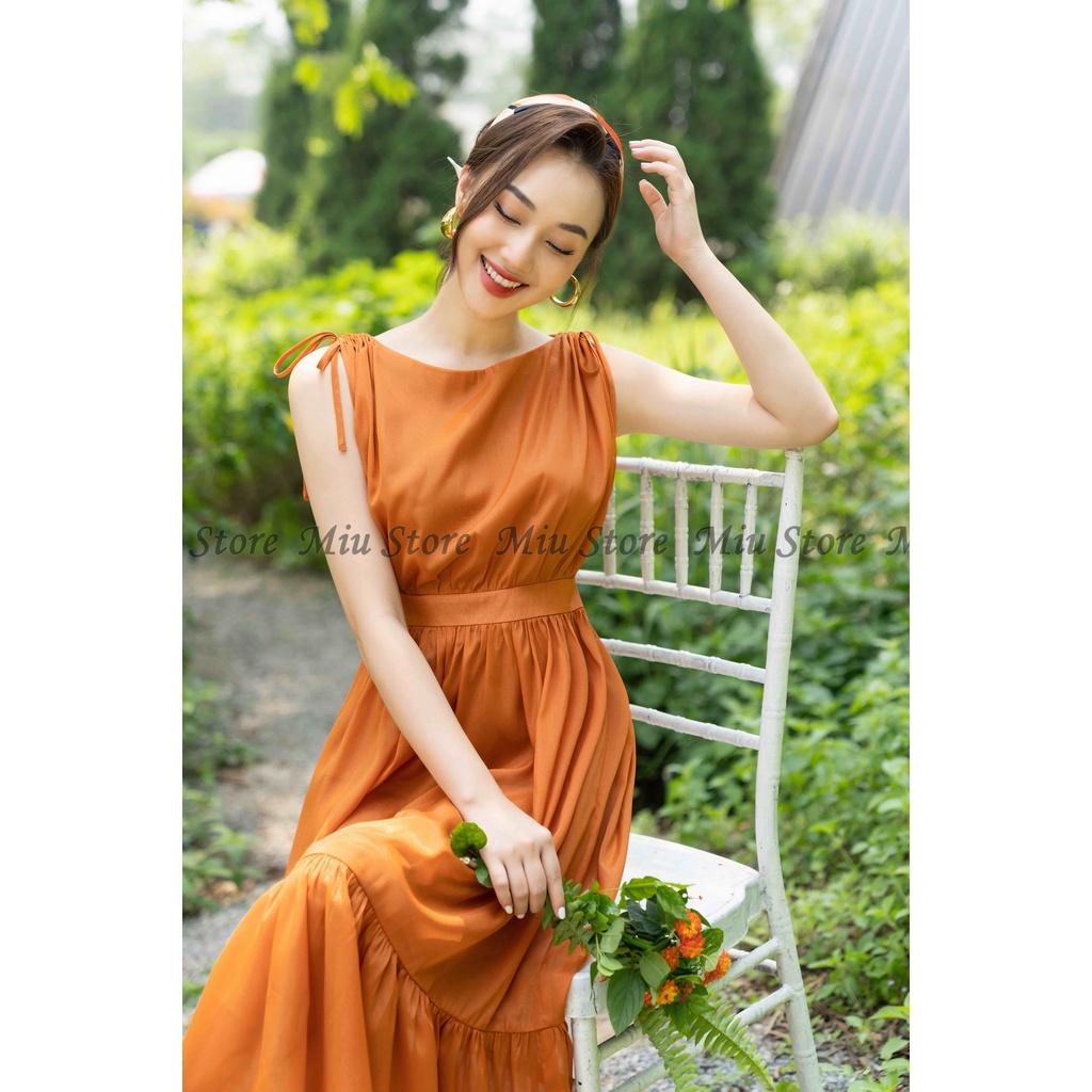 D00357 - Đầm thiết kế maxi cam vai rút dây vải voan màu cam cao cấp Miu Store
