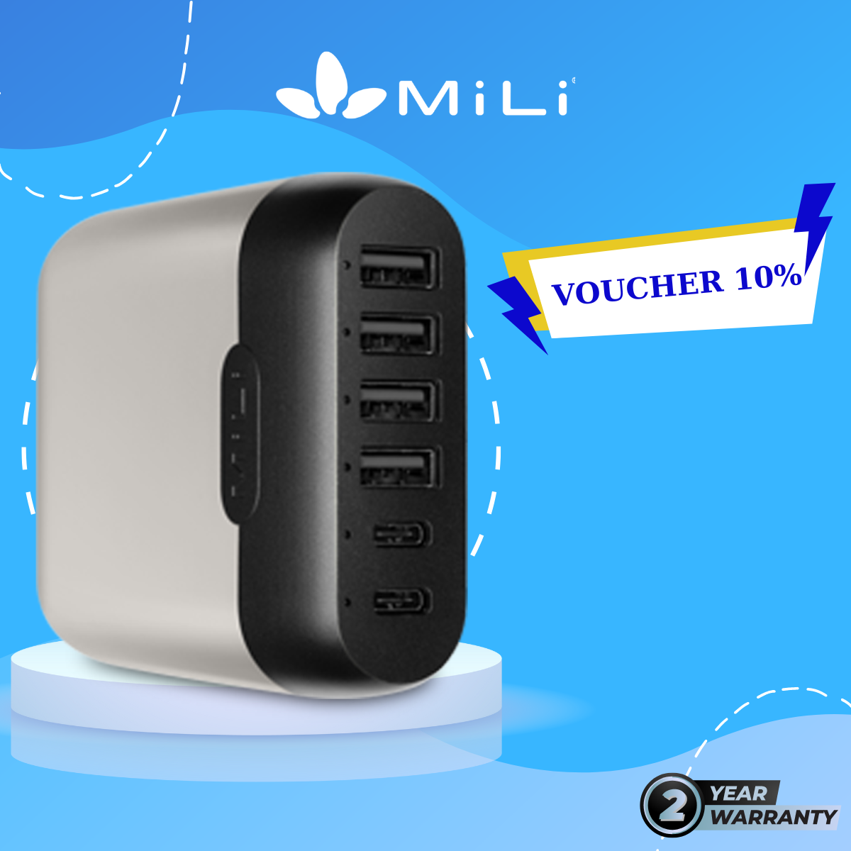 Adapter Sạc 6 Cổng Công Suất 60W MiLi Charger Station III Hỗ Trợ Sạc Nhanh Power Delivery HC-60-C - Hàng Chính Hãng