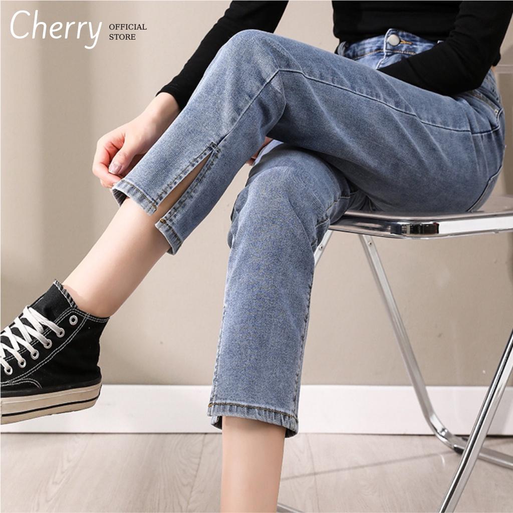 Quần jean nữ ống đứng dáng lửng xẻ gấu cao cấp phong cách Hàn Quốc, quần bò nữ ống ngắn suông có co giãn CHERRY T031