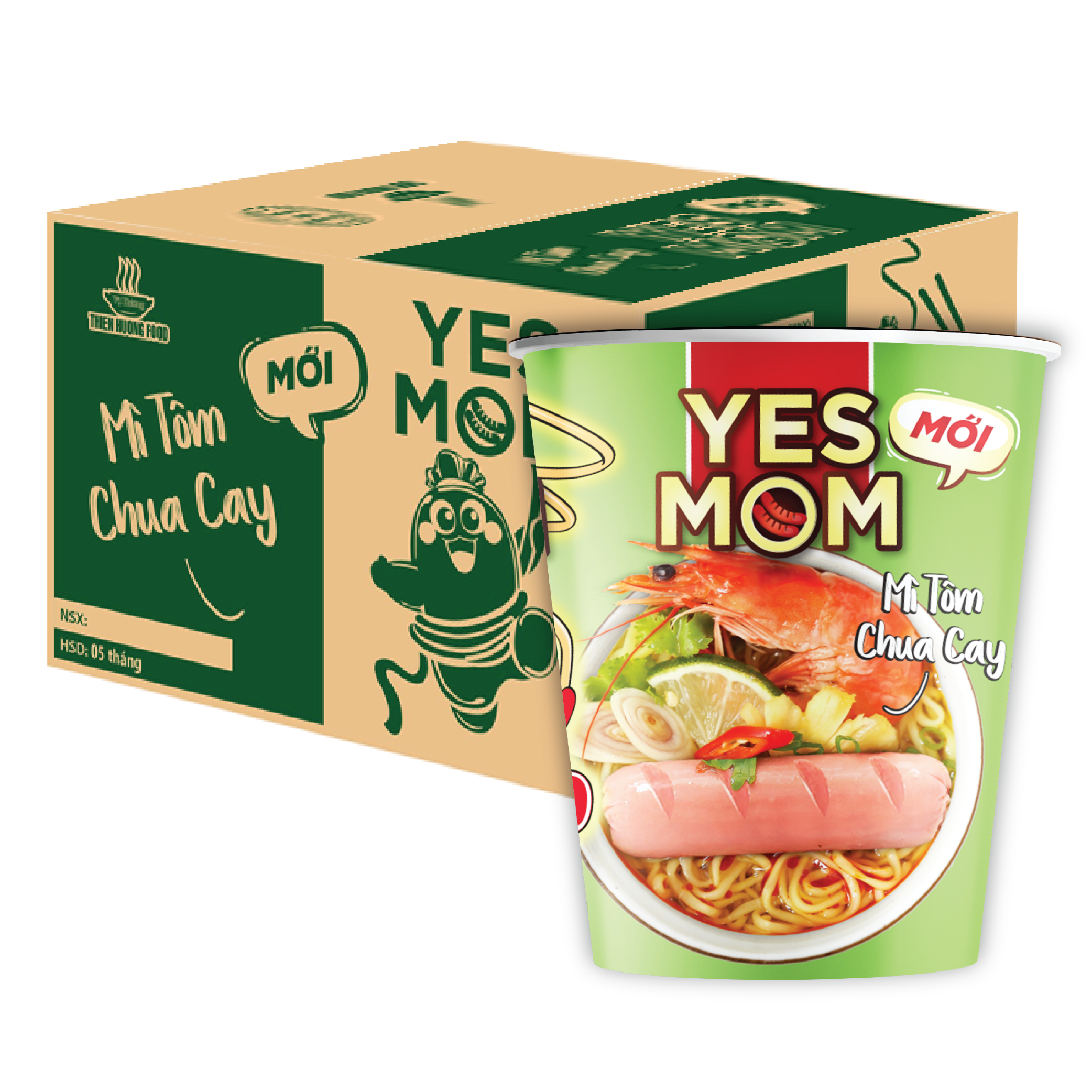 Thùng 24 Ly Mì Tôm Chua Cay Xúc Xích Yes Mom (76G x 24 Ly)