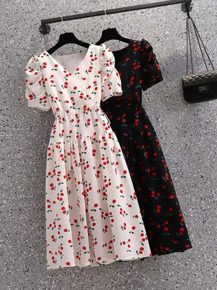 TOBE1SHOP Quần áo mùa hè 2023 Cherry in tay áo ngắn Vintage V cổ thắt lưng thiết kế cảm giác đầm cho phụ nữ