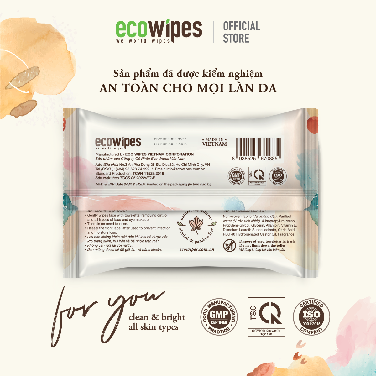 Combo 3 gói khăn giấy ướt tẩy trang Makeup Remover Ecowipes gói 25 tờ làm sạch lớp trang điểm nhanh chóng