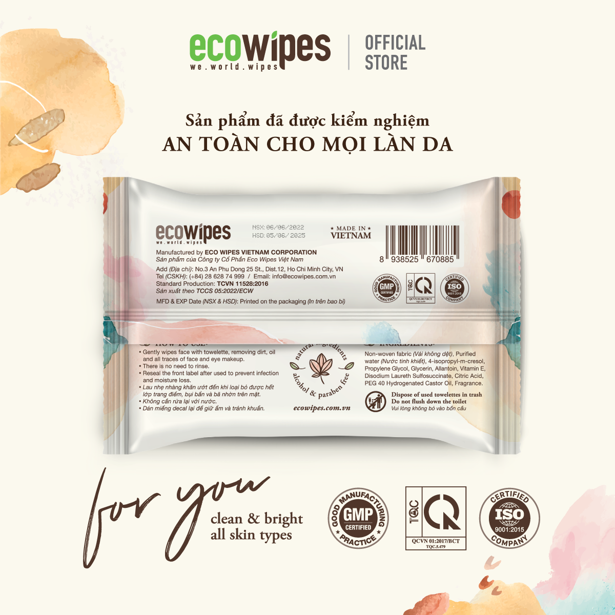 Khăn giấy ướt tẩy trang Makeup Remover Ecowipes gói 25 tờ làm sạch lớp trang điểm nhanh chóng