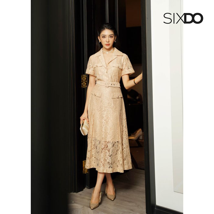 Đầm ren midi ngắn tay sang trọng SIXDO