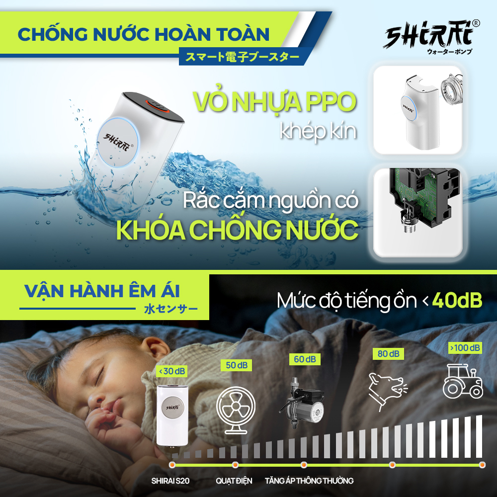 Máy bơm tăng áp mini SHIRAI S20 - Máy bơm mini tự ngắt thông minh - Dùng cho máy giặt, bình nóng lạnh, vòi sen, chậu rửa