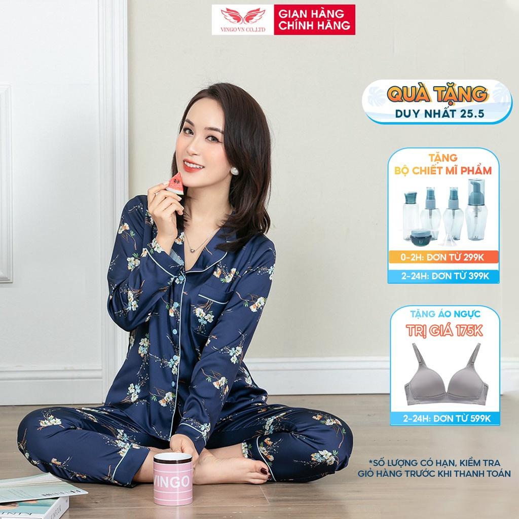 Đồ bộ nữ pijama mặc nhà VINGO Lụa Pháp cao cấp tay dài quần dài họa tiết hoa dây xanh đậm mùa Thu Đông H579 VNGO