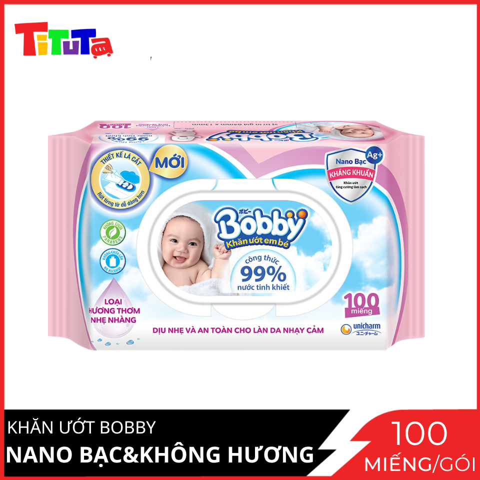 Khăn ướt Bobby NANO Bạc kháng khuẩn gói 100 tờ không hương