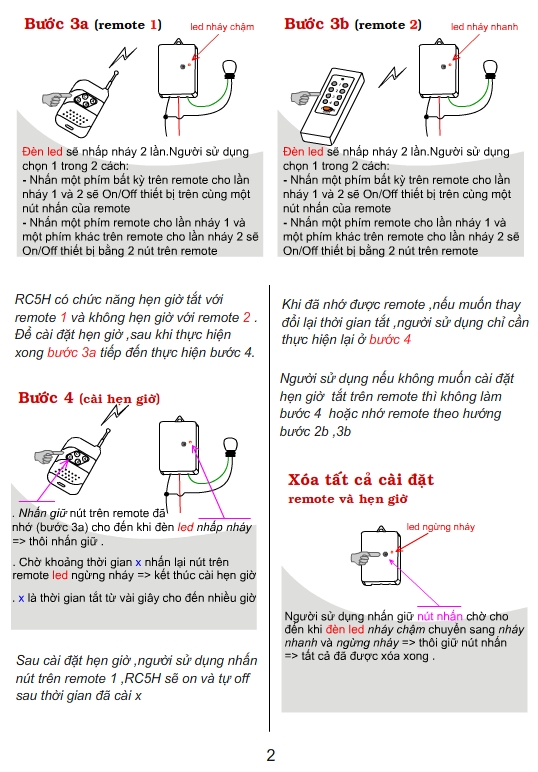 Bộ 2 công tắc điều khiển từ xa TPE RC5H + 1 remote 4 nút, điện áp 12V, Công suất 4A