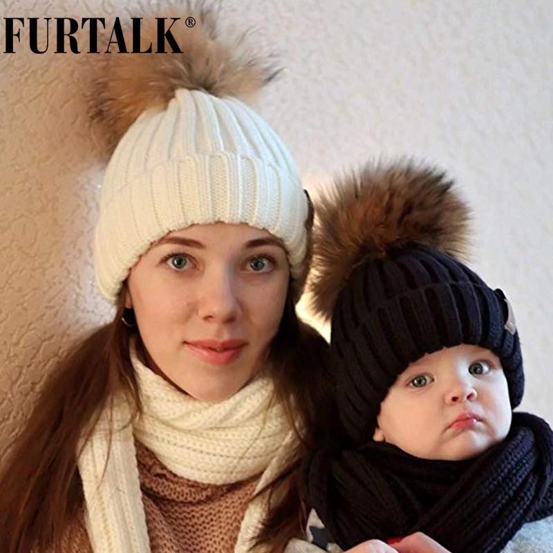 FURTALK Mùa Đông Nón Nữ Dệt Kim Bò Nón Thực Gấu Trúc Lông Pompom Mũ Dành Cho Nữ Trẻ Em Ấm Chun Dày Co Giãn Nón