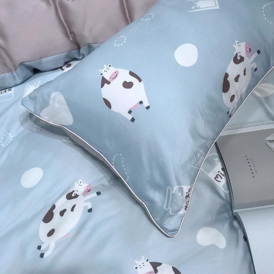 Bộ chăn ga gối mùa hè100% lụa tencel , siêu cao cấp, MỀM MỊN, MÁT DA - họa tiết Bò Sữa dễ thương