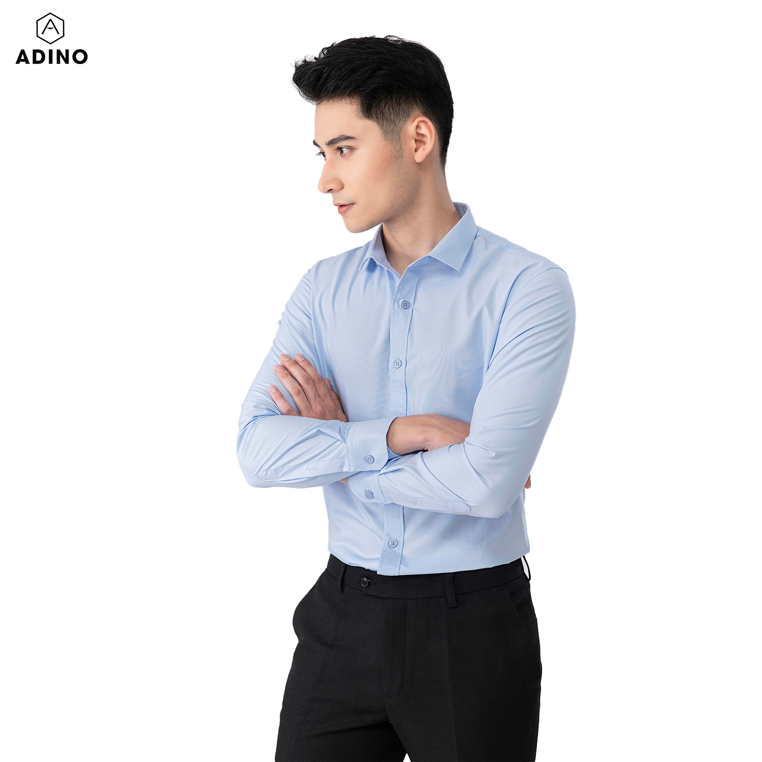 Áo sơ mi nam tay dài ADINO màu xanh nhạt dáng slimfit vải modal trẻ trung S304