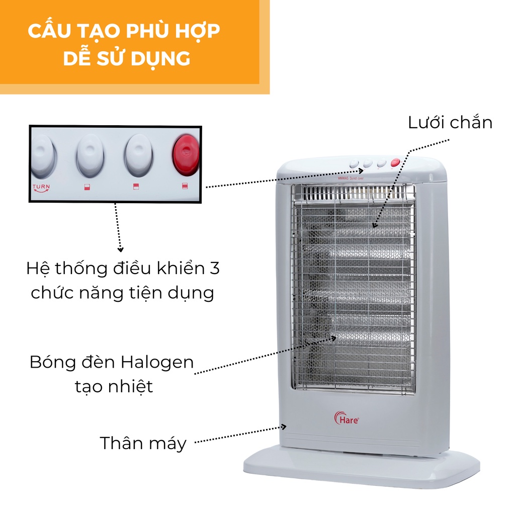 Quạt sưởi điện hai bóng Halogen HR-HT1200A -hàng chính hãng thương hiệu Hare - bảo hành 18 tháng