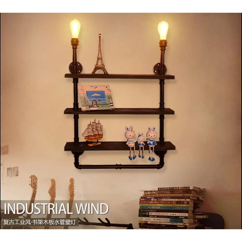 Kệ ống nước kệ treo tường 3 tầng Kiêm đèn tường và giá treo decor bằng ống săt độc lạ bền đẹp trang trí