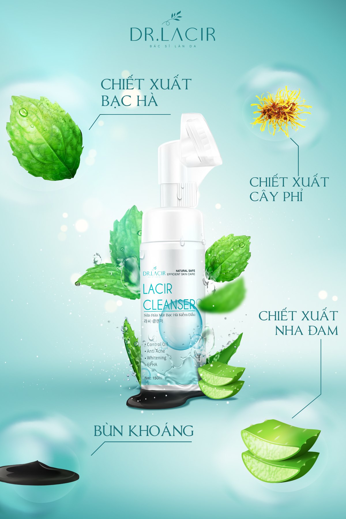  Sữa Rửa Mặt Lacir Cleanser - Sữa Rửa Mặt Bạc Hà Kiềm Dầu: giảm bóng dầu, làm sạch sâu (Chính Hãng Dr.Lacir)