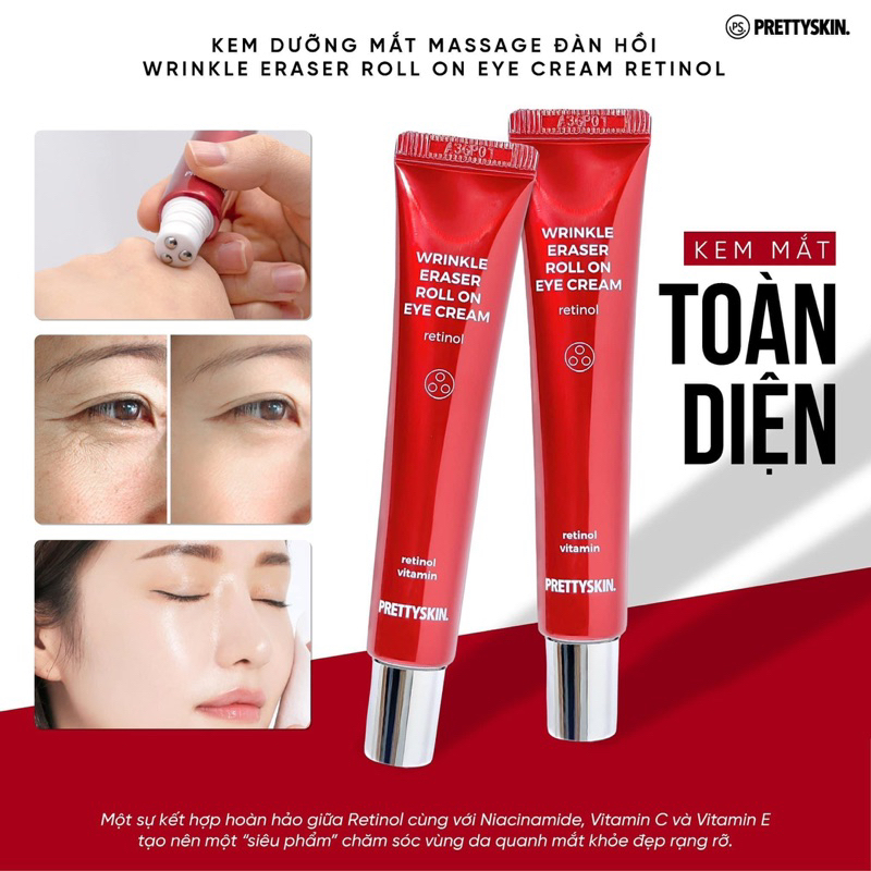 Kem dưỡng mắt giảm mờ thâm quầng mắt Retinol Pretty Skin, cải thiện nếp nhăn Prettyskin Wrinkle eraser roll on eye cream