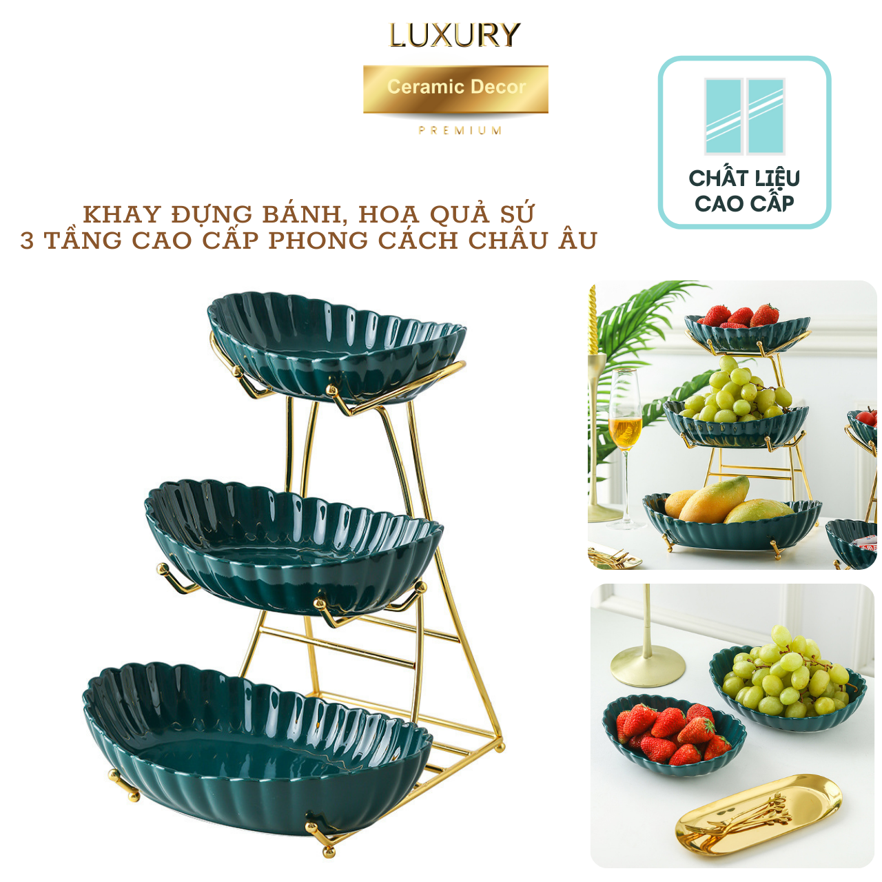 Khay Hoa Quả, Kệ Để Bánh Kẹo 3 Tầng Phong Cách Châu Cao Cấp DECOR LUXURY - Hàng Nhập Khẩu