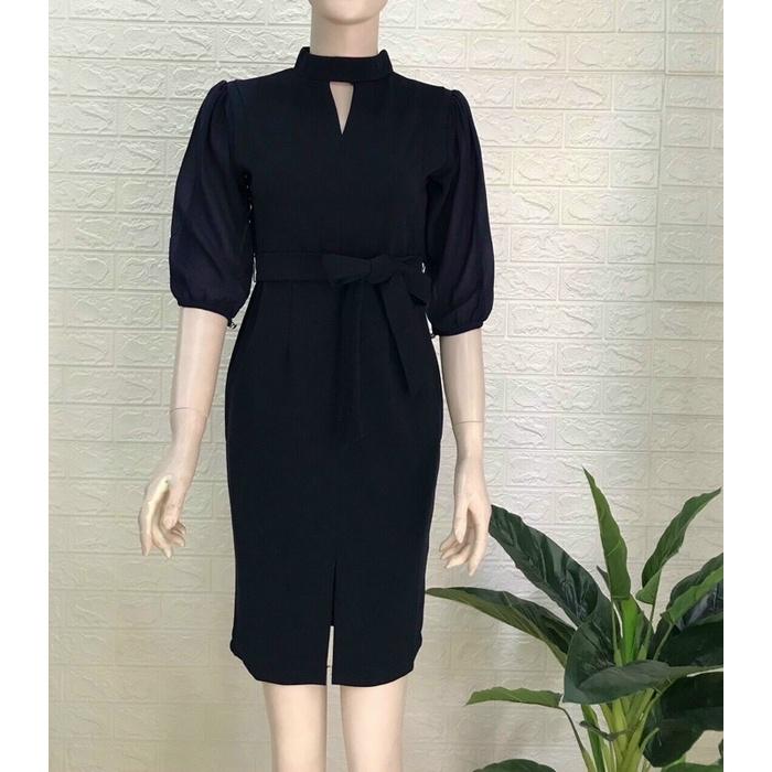 Đầm body cổ chocker tay voan lưới dây nơ eo S.MLXL