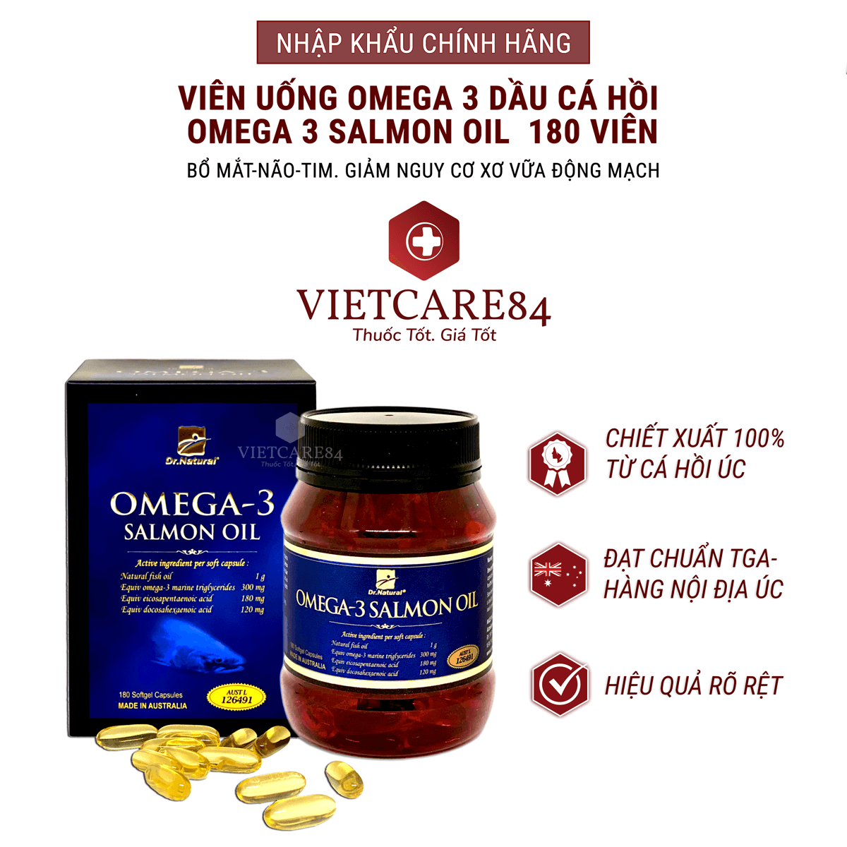 Bộ sản phẩm nhập khẩu chính hãng giúp bổ mắt, bổ não, bổ tim mạch gồm: Viên uống omega 3 dầu cá hồi OMEGA 3 SALMON OIL  và viên uống bổ tim GO CO Q10 160mg