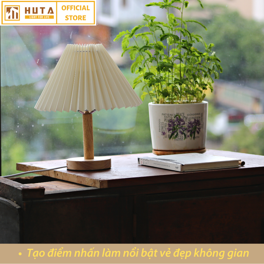 Đèn Ngủ Để Bàn HUTA G5 Gỗ Chao Xếp Ly Vintage Dễ Thương, Decor Trang Trí Phòng Ngủ, Đọc Sách Đầu Giường, Điều Chỉnh Độ Sáng, Đèn Vàng Bóng LED Tiết Kiệm Điện