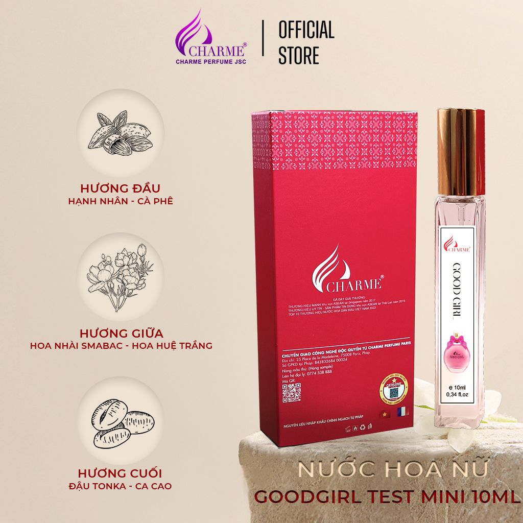 Nước hoa nữ cao cấp Charme Good Girl 10ml chai Test mini đem đến cảm giác ly kỳ, huyền bí khiến mọi người khám phá