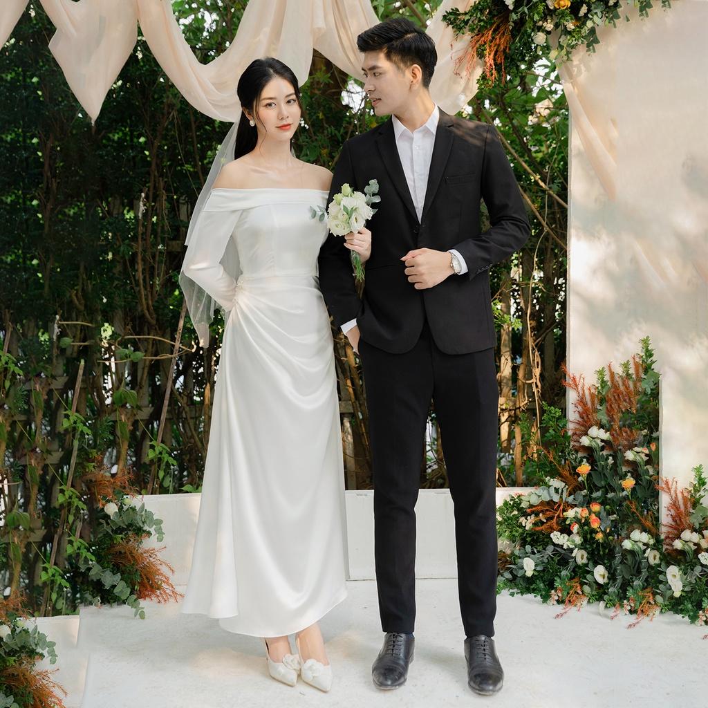 Váy trắng trễ vai dáng dài thiết kế chính hãng GIIAN, đầm maxi nhún eo cho cô dâu, dự tiệc chất lụa sang trọng - V2426
