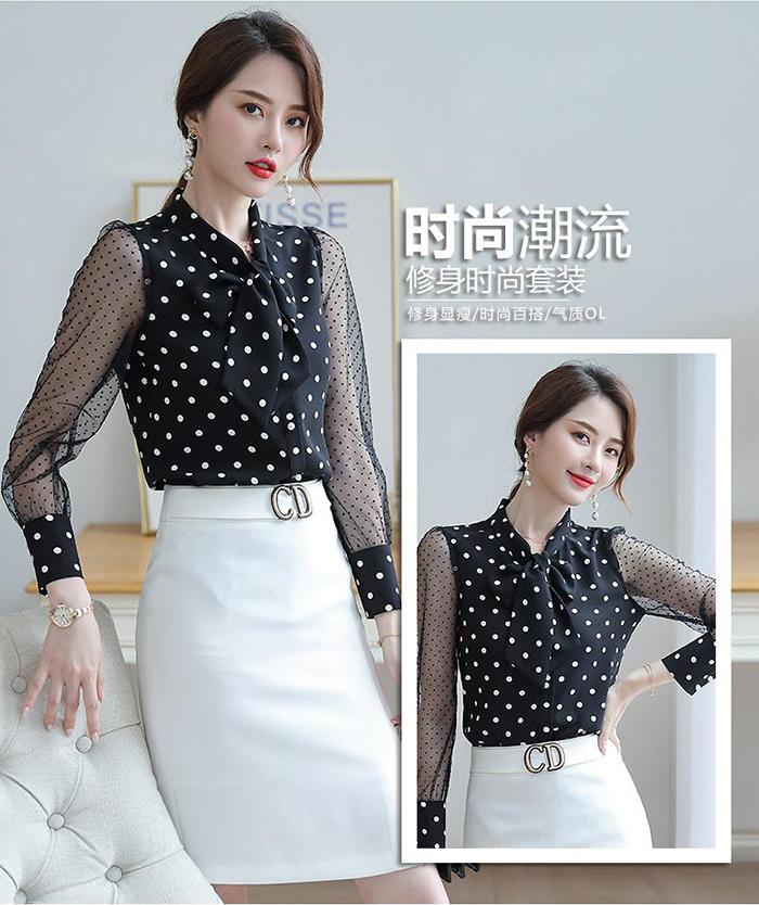 Nữ Áo Nữ Áo Kiểu Áo Bi Cổ Nơ Tay Voan Duyên Dáng - N594