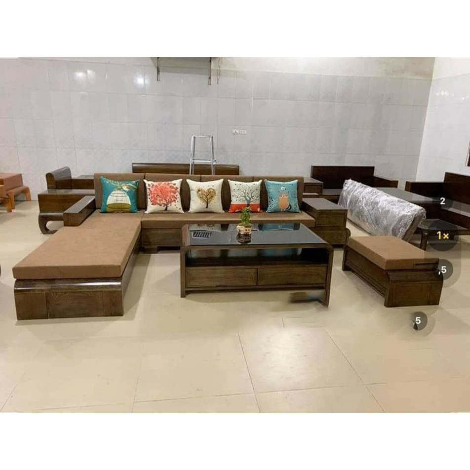 Bộ bàn ghế sofa phòng khách góc gỗ sồi màu có nệm