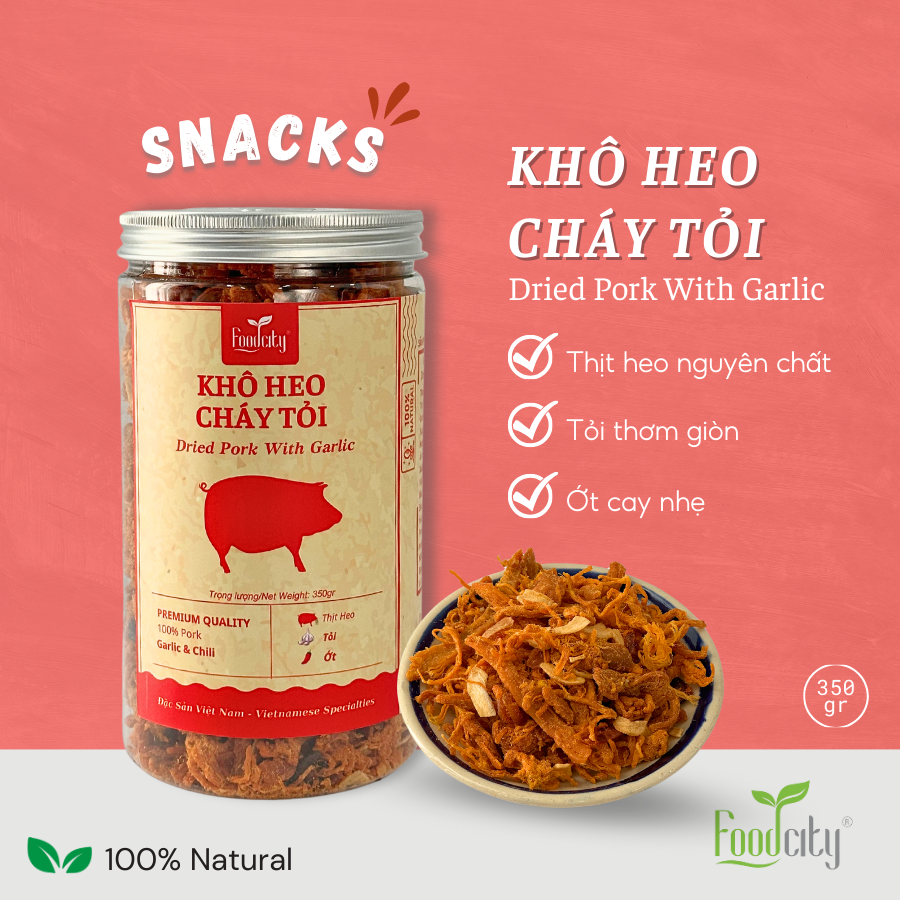 Khô heo cháy tỏi món ăn vặt đang HOT tại Foodcity Store - hũ 350gr