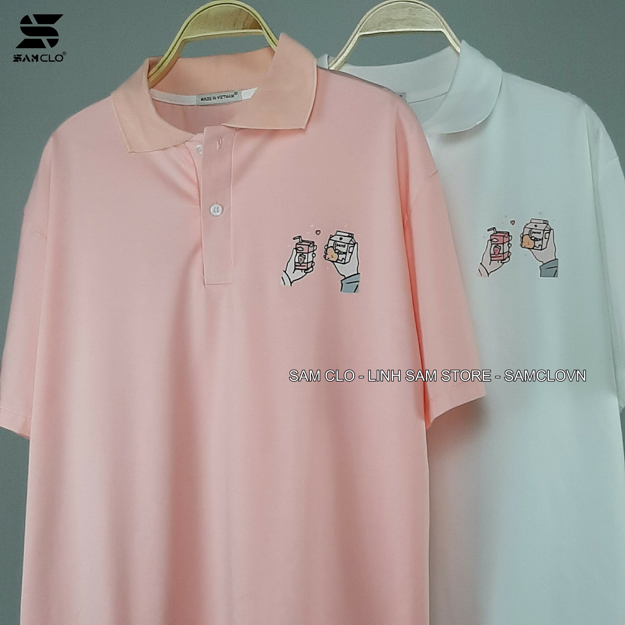 Áo thun Polo nữ tay lỡ form rộng SAM CLO phông freesize unisex mặc đi học, nhóm, lớp in hình HAI HỘP SỮA