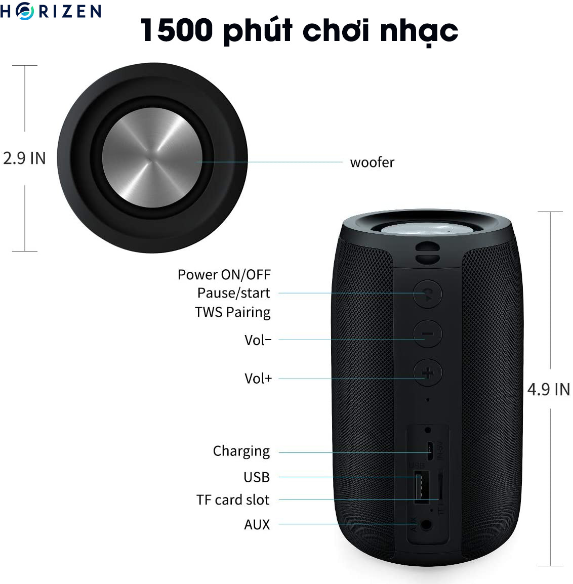 Loa Bluetooth Horizen, di động kháng nước, Bluetooth 5.0, âm trầm sâu, thời gian hoạt động lên tới 1500 phút