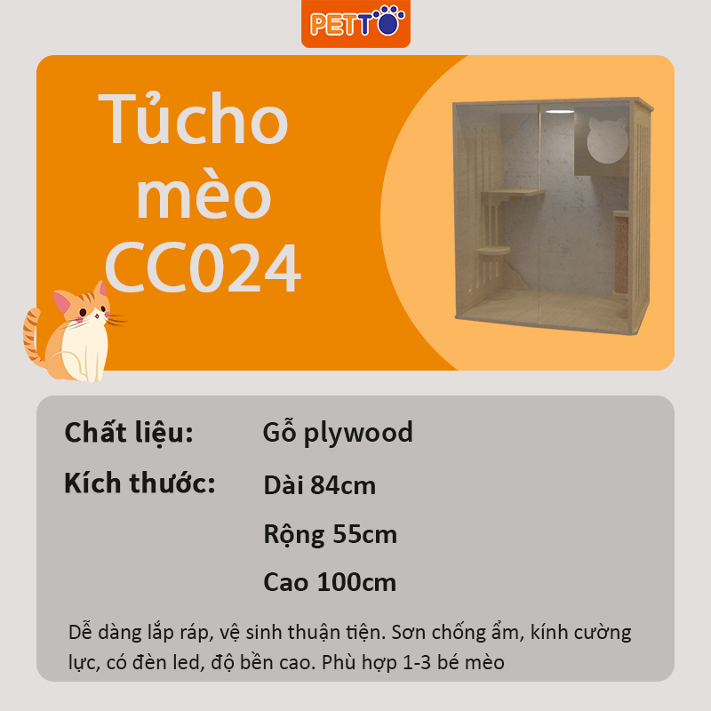 Tủ mèo bằng GỖ CAO CẤP chuồng mèo có hệ thống ĐÈN LED, cửa kính cường lực trong suốt độ có bền cao CC022