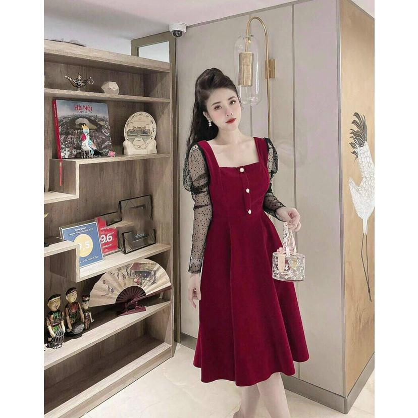 Gunkaymatter Đầm Xòe Cổ Vuông Cài Nút Tay Phối Lưới Chất Liệu Umi Phối Lưới Sang Chảnh