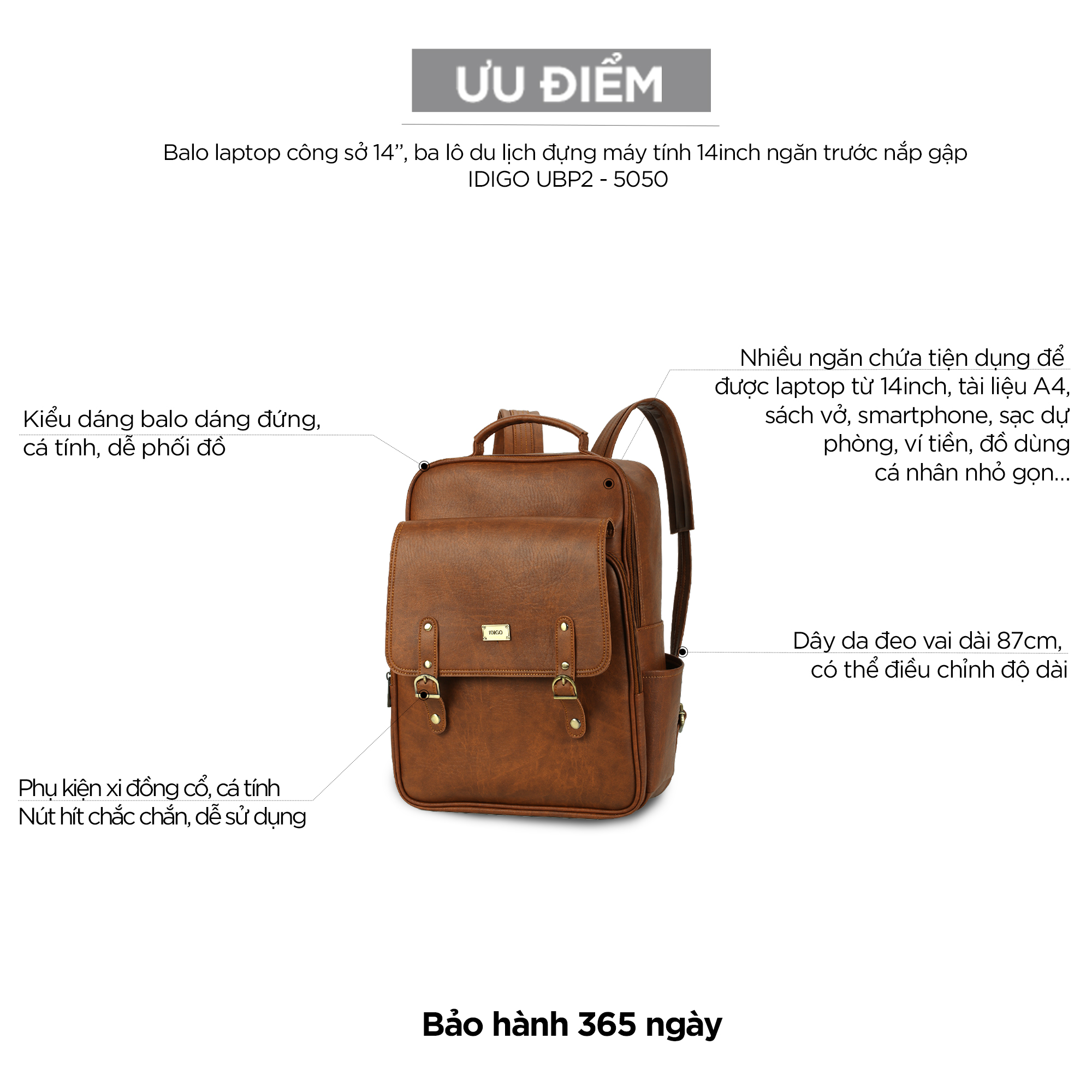 Balo laptop công sở 14”, ba lô du lịch đựng máy tính 14inch ngăn trước nắp gập IDIGO UBP2-5050