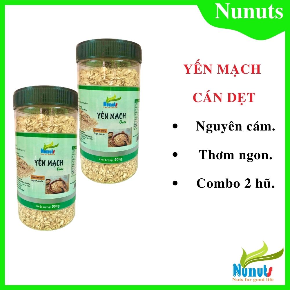 1kg yến mạch cán dẹt Nunuts nguyên cám, hữu cơ, không chất bảo quản, nguyên vị (2 hũ 500g)