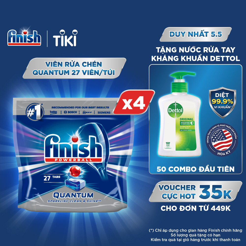 Combo 04 túi Viên Rửa Chén Bát Finish Powerball Quantum 27 viên