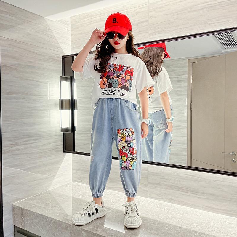 BV53 Size140-170 Đồ bộ bé gái, áo thun + quần jean Thời trang trẻ Em hàng quảng châui
