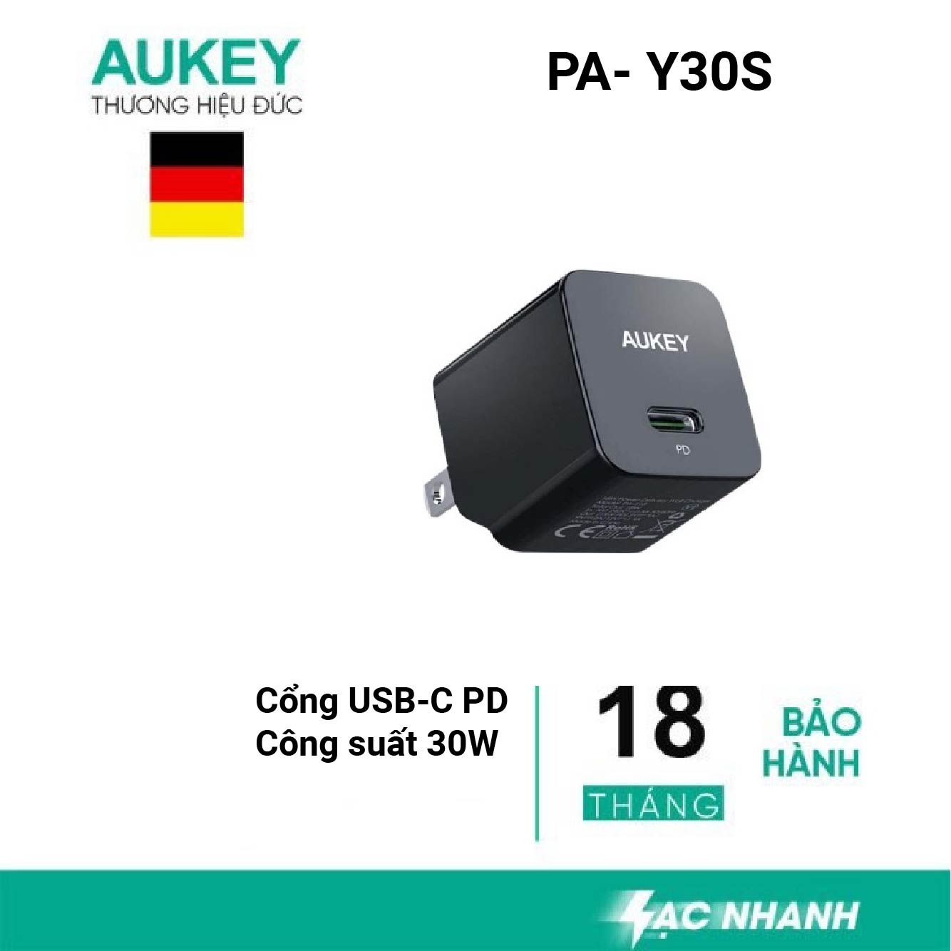 Củ sạc nhanh Aukey PA-Y30s công suất 30W, cổng USC -C Power Delivery - hàng chính hãng