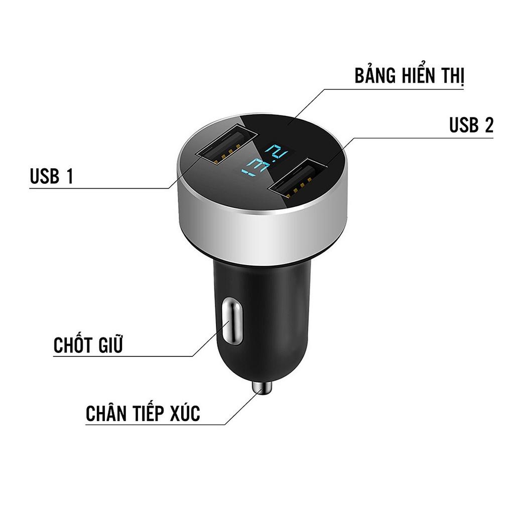 Tẩu cắm sạc trên ô tô, Tẩu sạc ô tô 2 cổng usb làm bằng kim loại sơn tĩnh điện phủ ABS có màn led báo điện áp