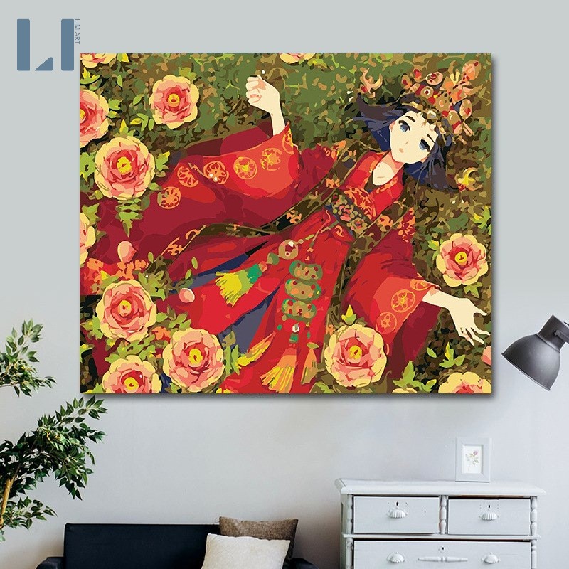 Tranh sơn dầu số hóa có khung cô gái Trung Hoa LIM Art -Tranh tô màu theo số cổ trang Trung Quốc, thủy mặc